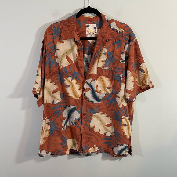 Banana Cabana Men's Brown Floral Hawaiian Silk Button Up Shirt Size L - Picture 1 of 7